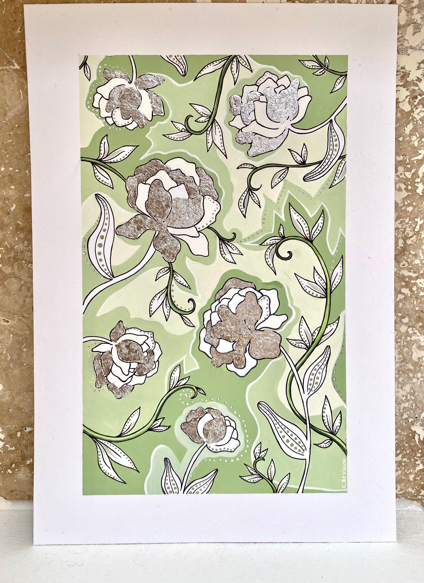 Pivoines - Acrylique & feuilles d’argent